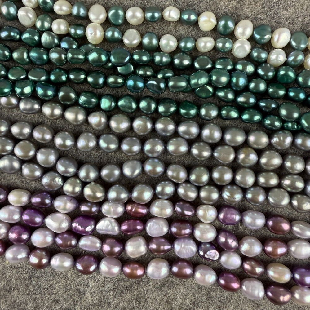 Lot of 4 long Freshwater Pearl Jewel‎ Tone Beads Necklaces Silver Green Purple